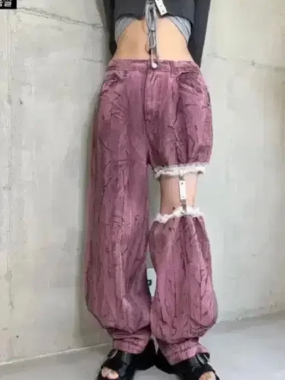 미스테리어스호텔 미호 핑크 크랙 개더 가터 벨트 와이드 바지 팬츠 데님 상품이미지1