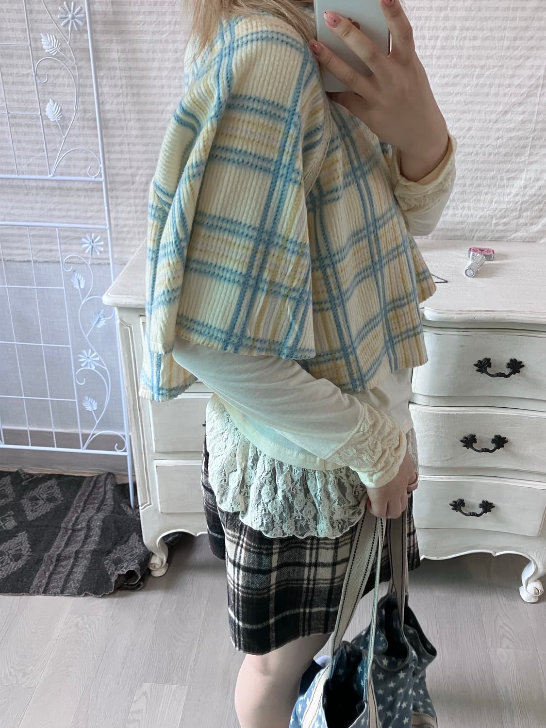 jpn vintage 아이보리 블루 체크 코듀로이 케이프 상품이미지4