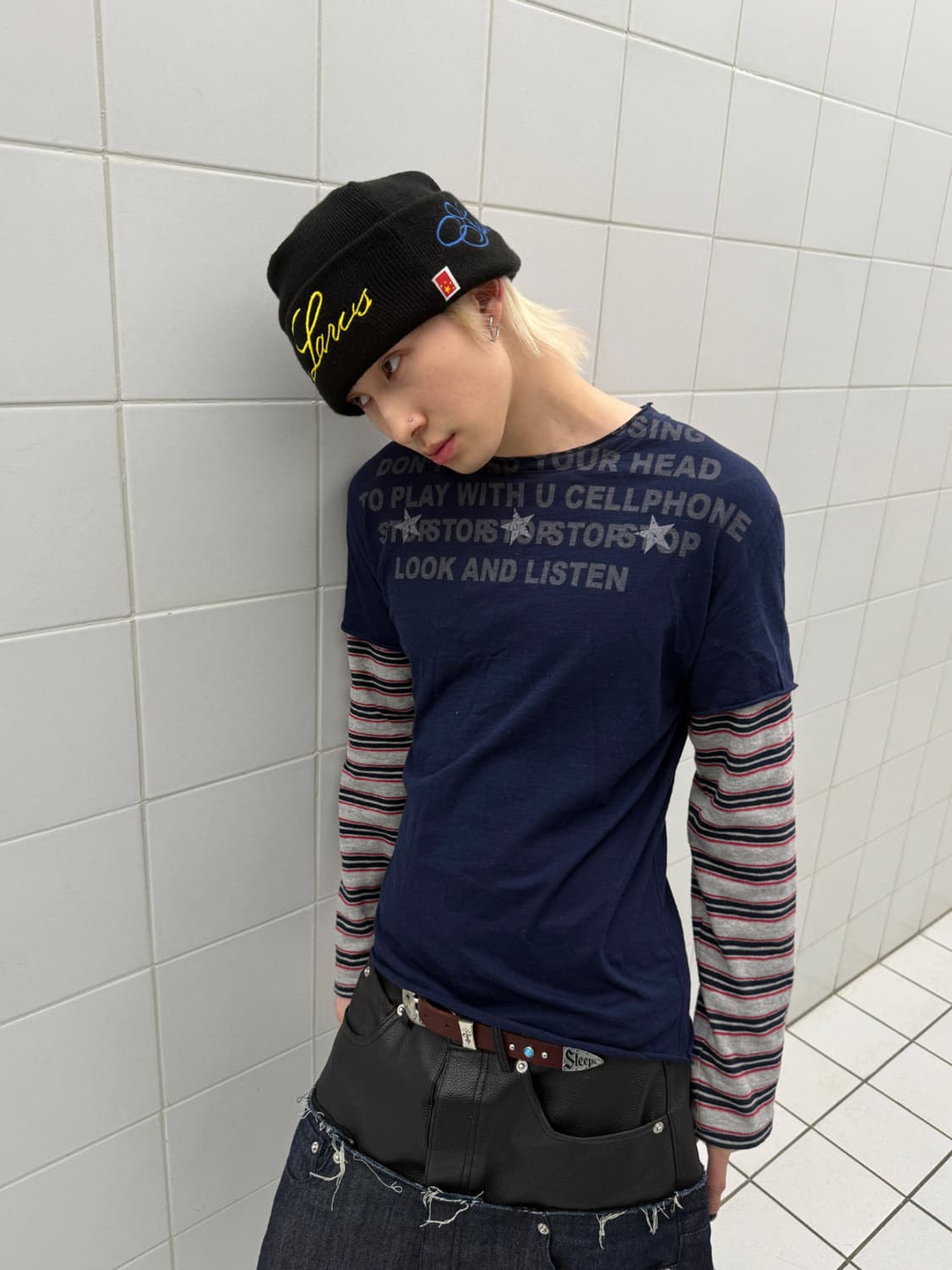 Retro Stripe Patchwork Layered Long Slee 상품이미지3
