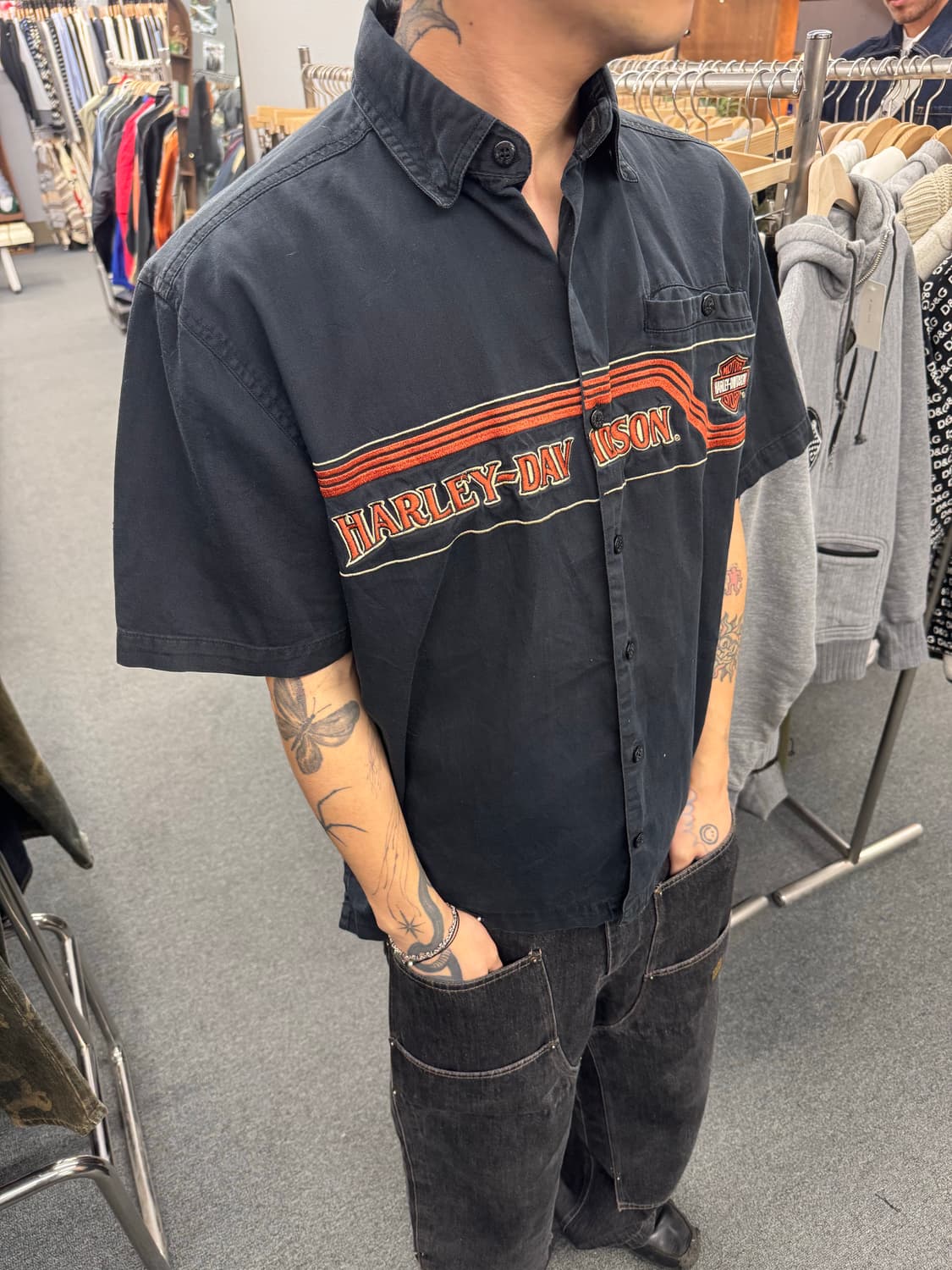 M)할리데이비슨 빈티지 자수 패치 블랙 반팔셔츠  상품이미지1