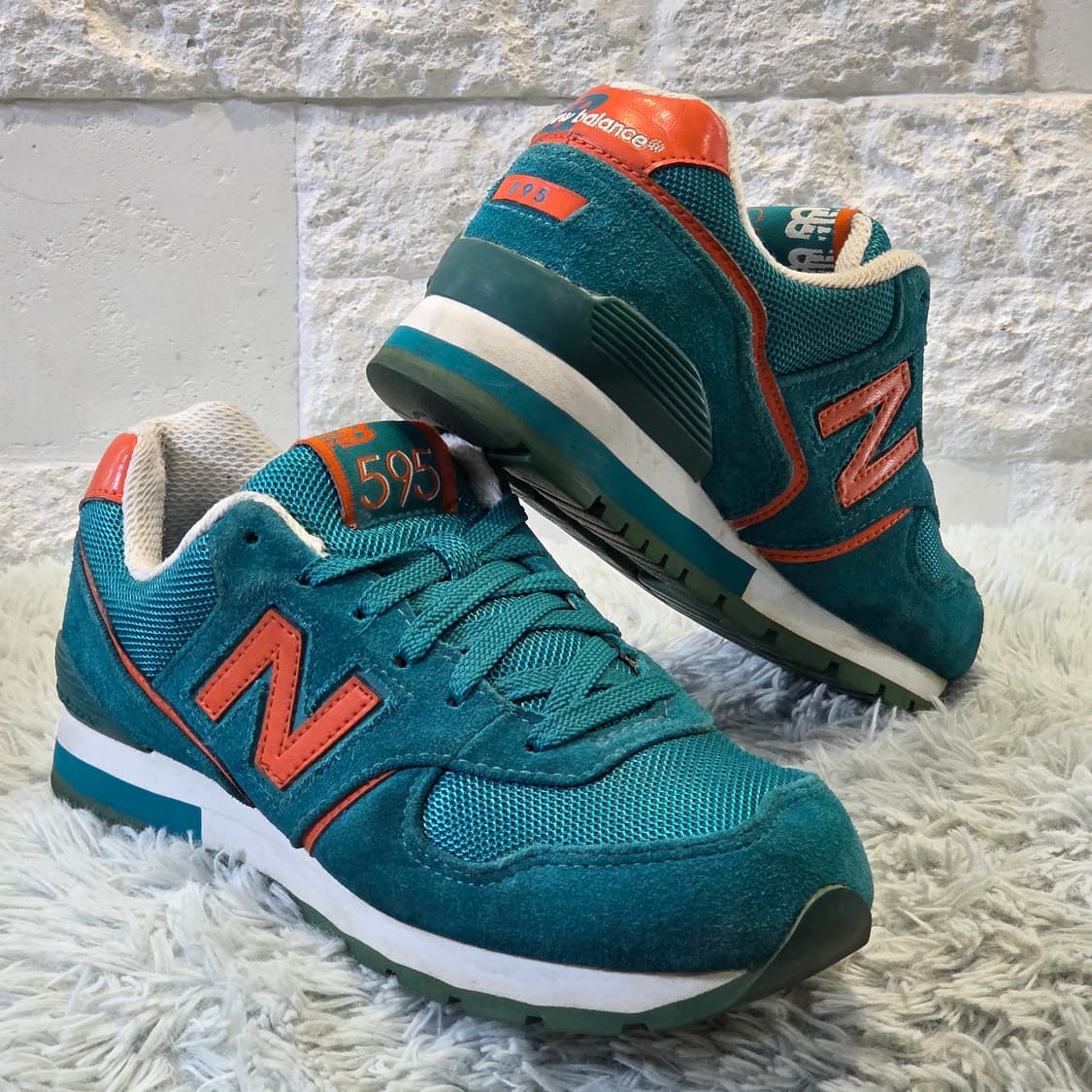 5q-5:뉴발란스 595 틸블루 오렌지 스웨이드 스니커즈 (23.5cm) 상품이미지4