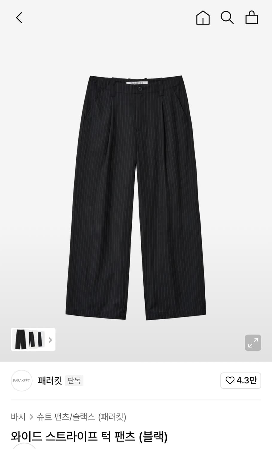 패러킷 와이드 스트라이프 턱 팬츠 블랙 L사이즈 상품이미지1