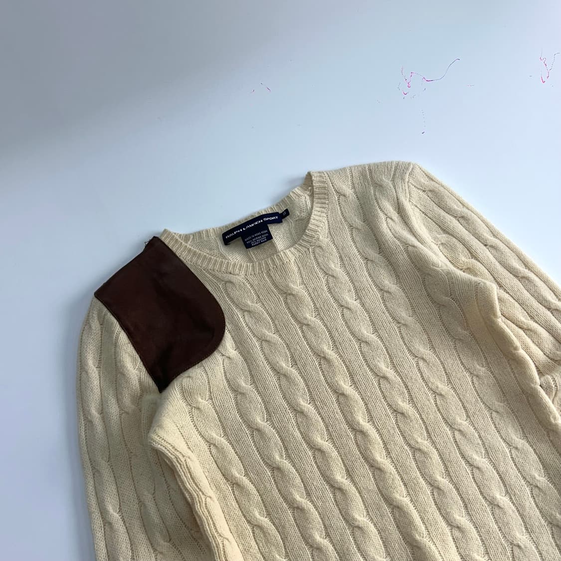 Polo 폴로 레더 패치 아이보리 케이블 니트 상품이미지4