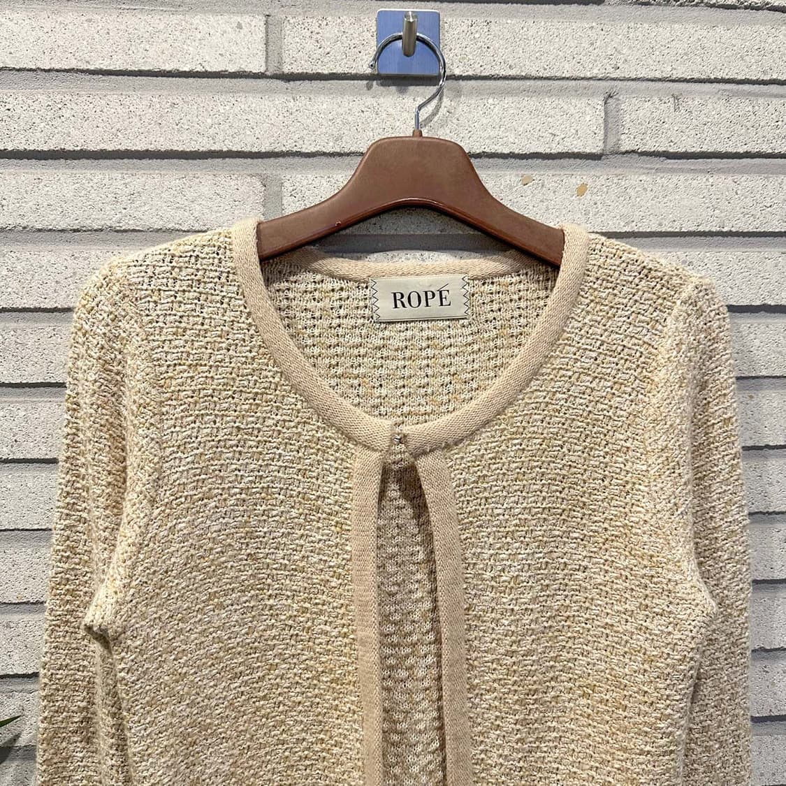 JPN VINTAGE 니트 가디건 오픈 프론트 트위드 디테일 아이보리 상품이미지3