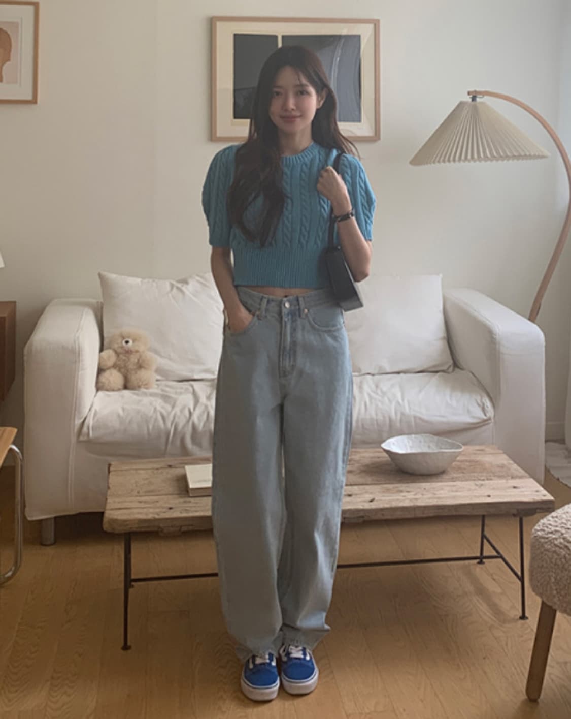 달트에서 구매한 소라색 꽈배기 반팔 니트 상품이미지1