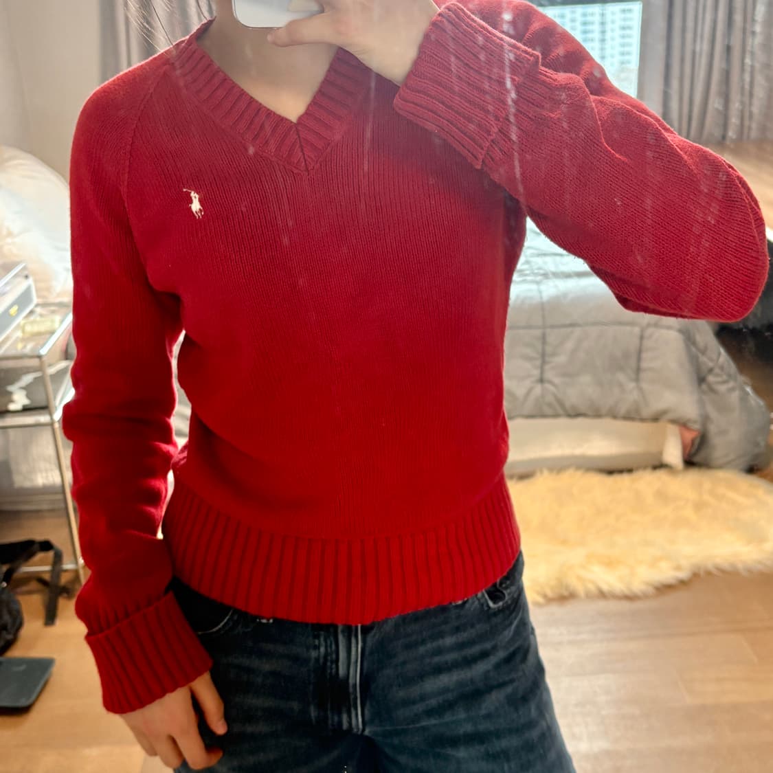 폴로 브이넥 빨강 레드 니트 슬림핏 상품이미지2