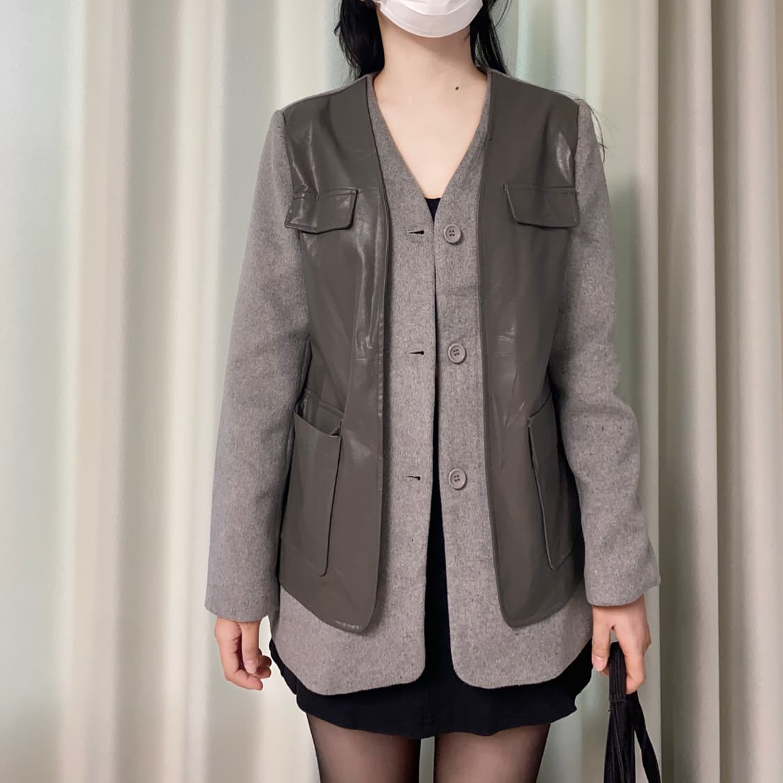 앞판 인조가죽 배색 울 노카라 자켓 상품이미지7