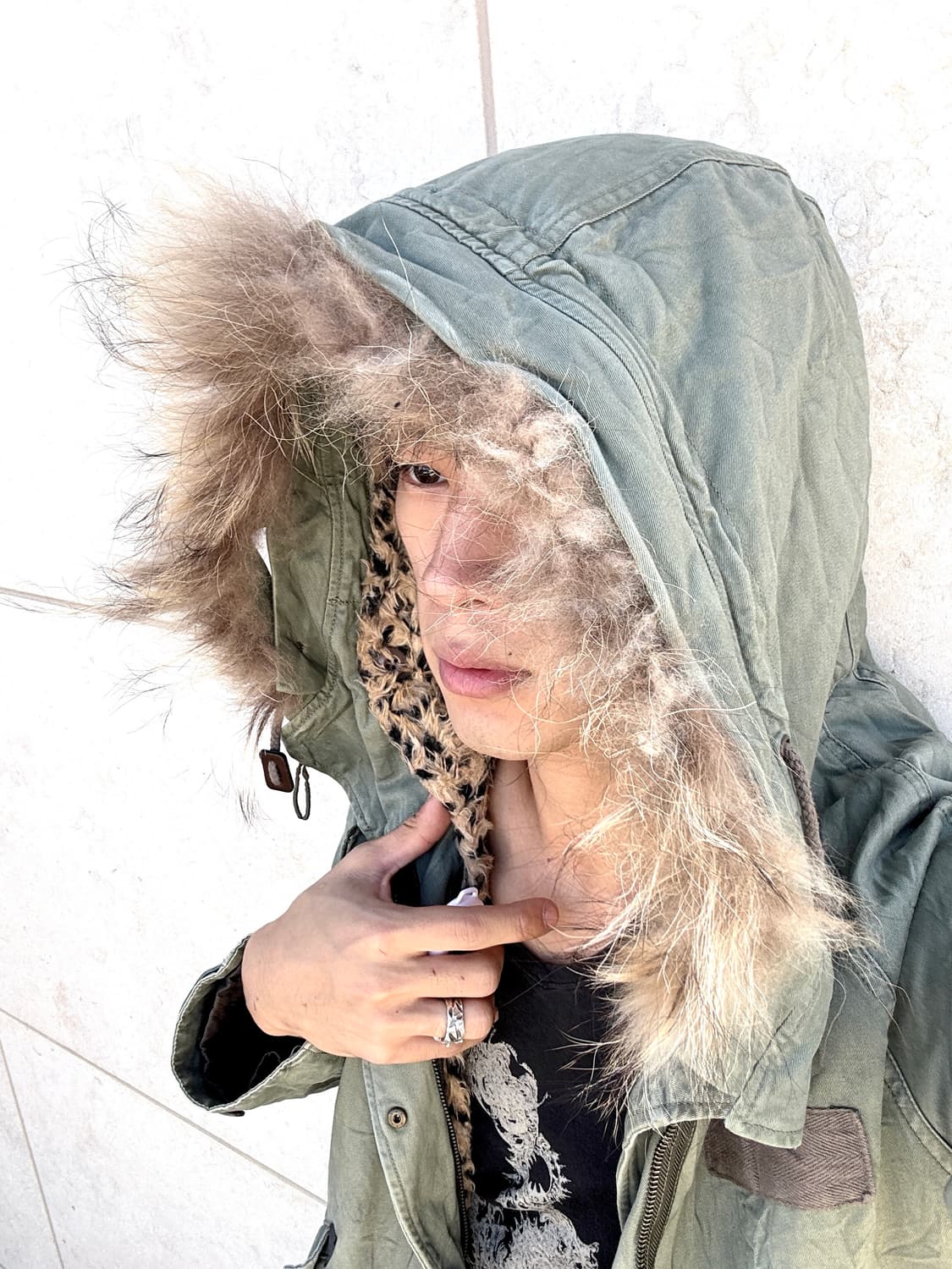 Leopard Detail Khaki Fur Hoodie Field Ja 상품이미지6