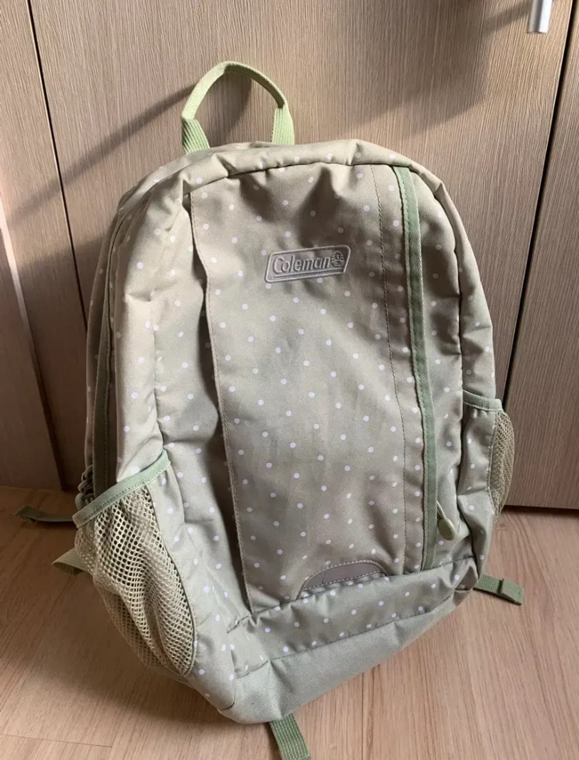 희귀) coleman 도트 물방울 땡땡이 메론색 연카키색 백팩 상품이미지1