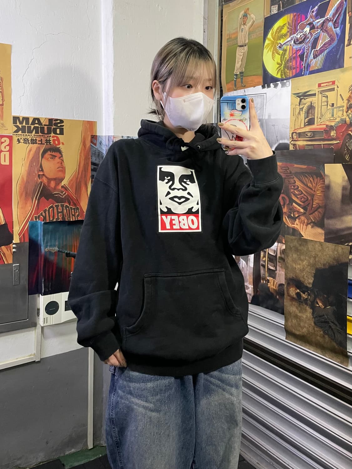 오베이 블랙 프린팅 후드티  L  상품이미지3