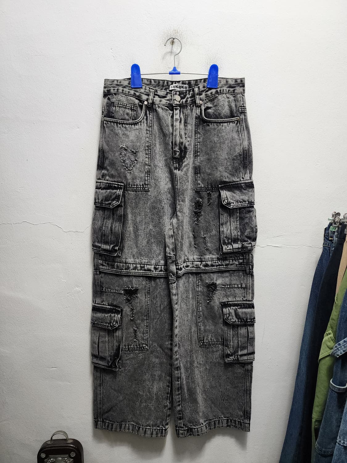 (새상품) Y2K 워시드 YKK지퍼 와이드 카고 흑청바지  상품이미지1