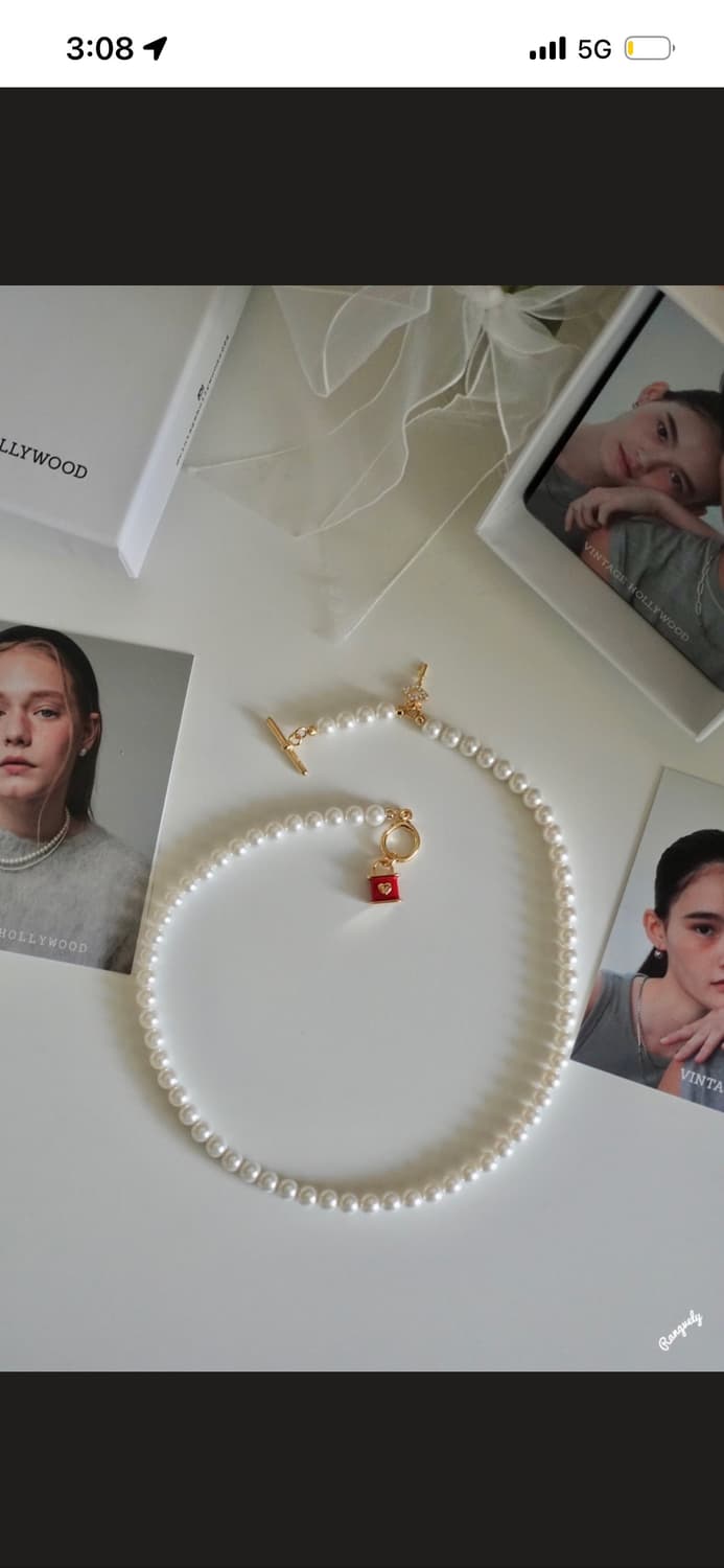 빈티지헐리우드 포르테 러브락 레드 진주 목걸이 수지착용 상품이미지3