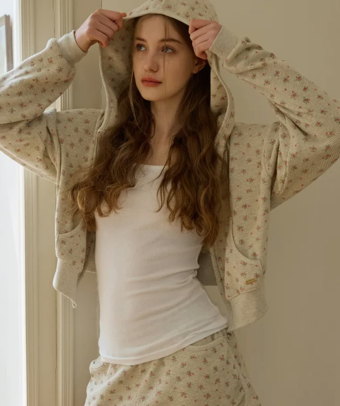 새상품)) 레터프롬문 앤디 플라워 와플 후드 집업 쇼츠 세트 오트밀 상품이미지6