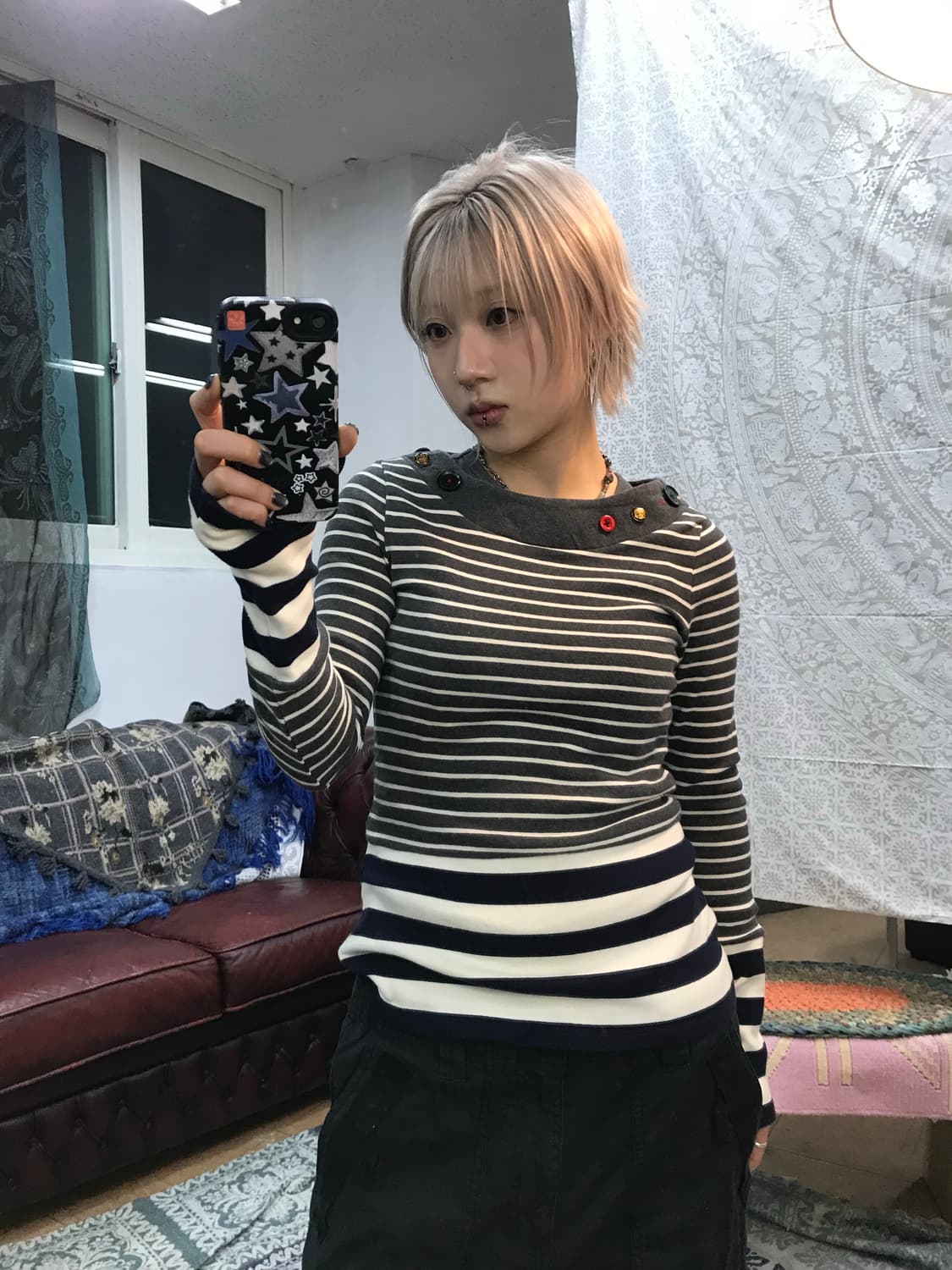 Firenze 버튼 스트라이프 긴팔 티  상품이미지1