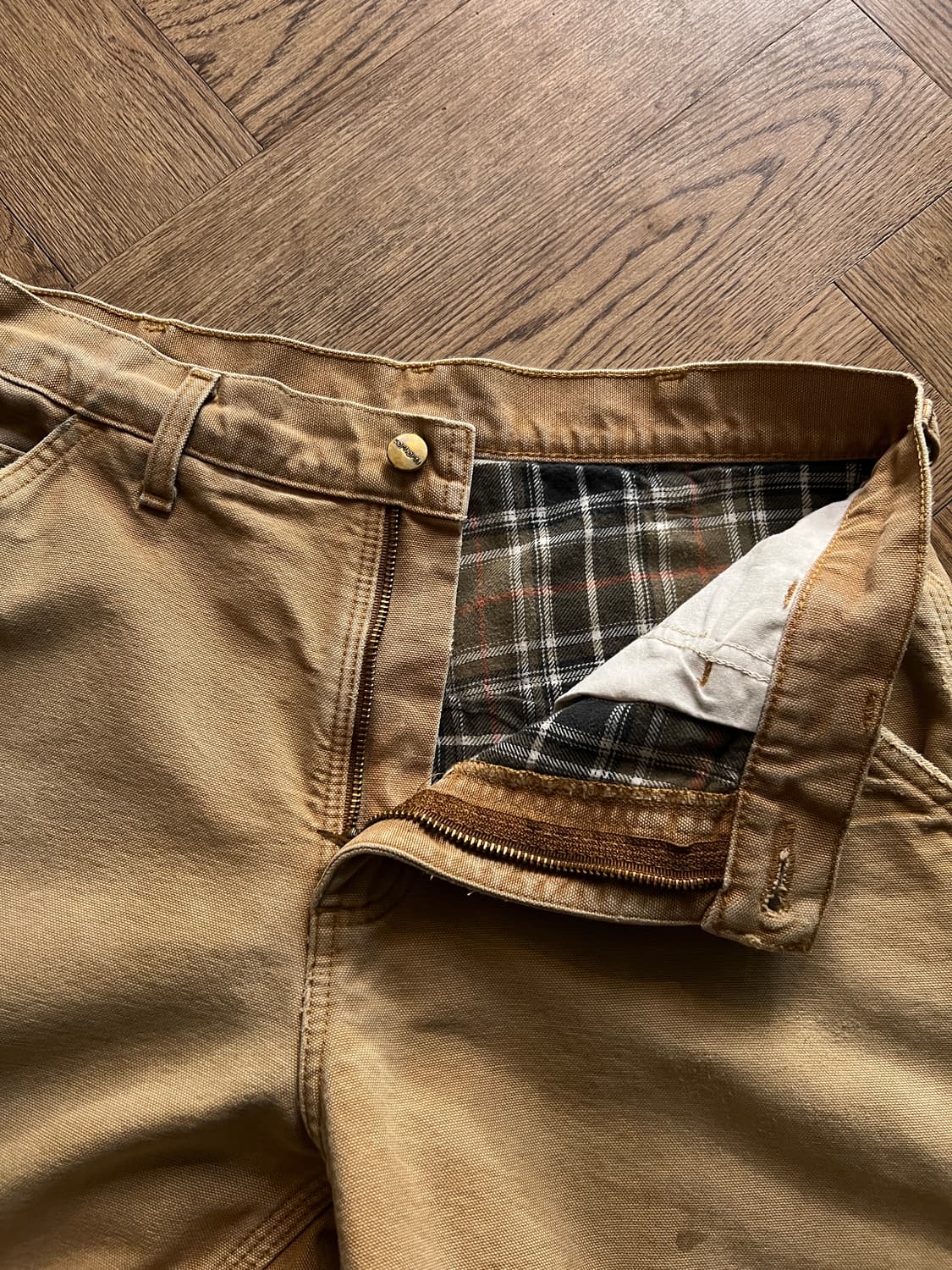 [32]칼하트 USA 체크 라이닝 더티워싱 브라운 싱글니 카펜터 워크팬츠 상품이미지3