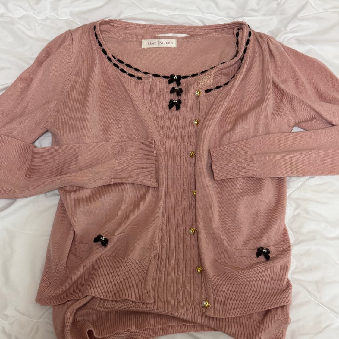 Prime pattern 리본 핑크 반팔 가디건 세트 상품이미지1