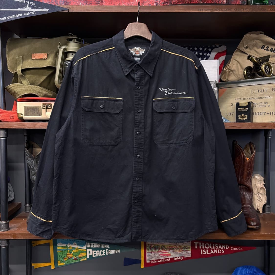 00s 할리데이비슨 스펠아웃 스트링 플랩포켓 모터바이크 셔츠  N275 상품이미지1