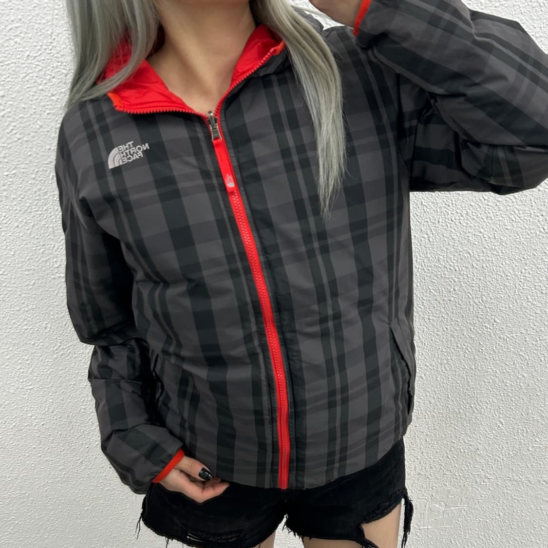 노스페이스 550 체크패턴 리버시블 오렌지 후드패딩 XL 상품이미지2