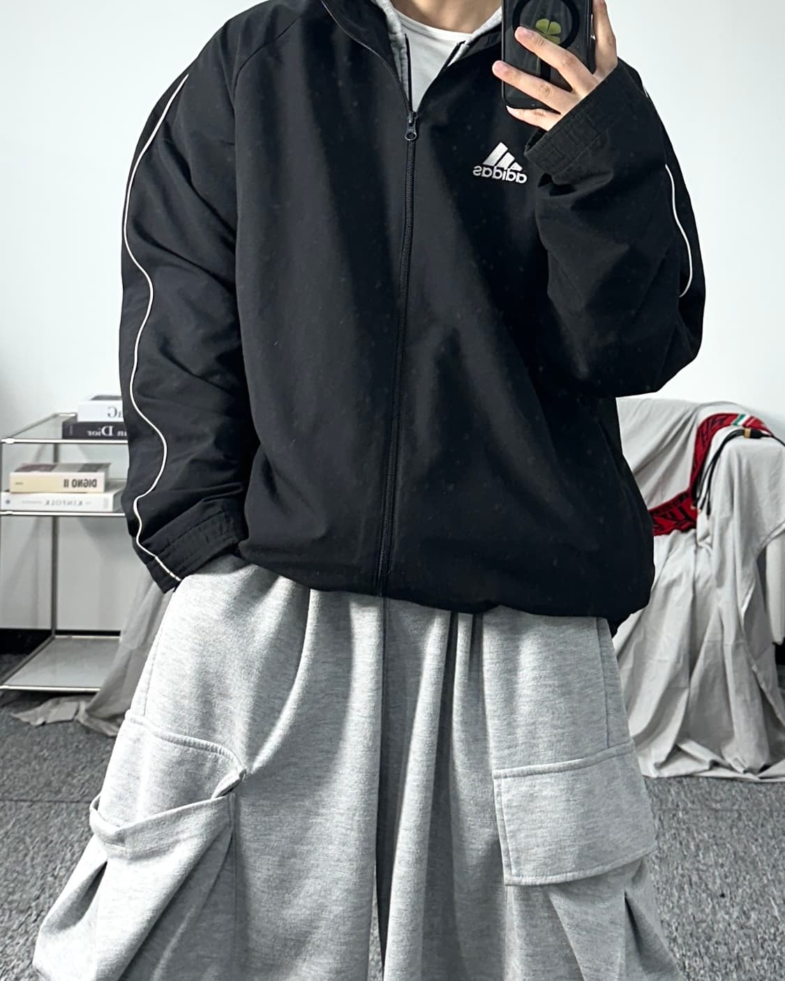 아디다스 블랙 화이트 파이핑 바람막이 L 상품이미지3