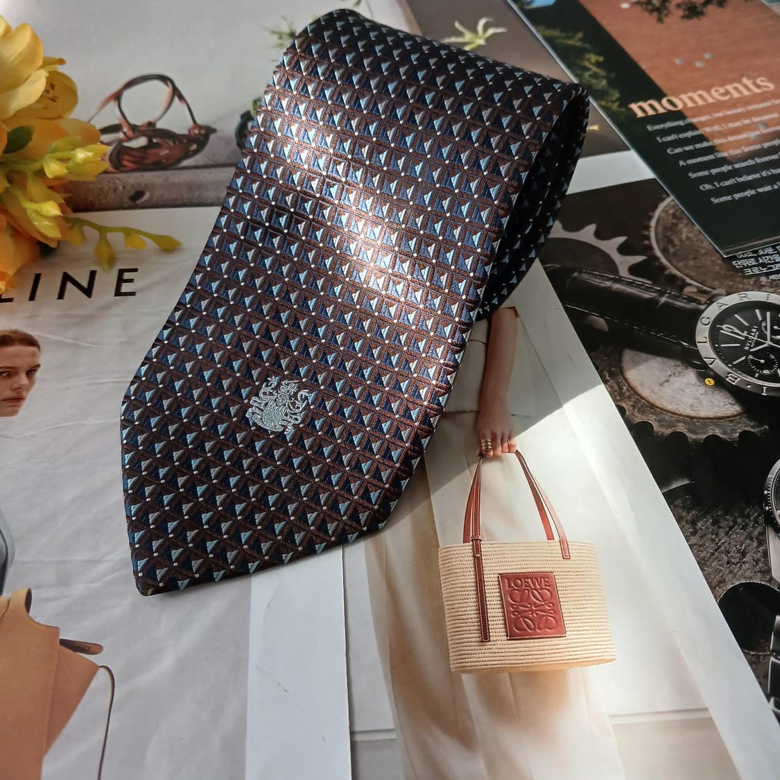 아쿠아스큐텀 실크 브라운 기하 패턴 넥타이 9.1cm A등급 A18981 상품이미지2