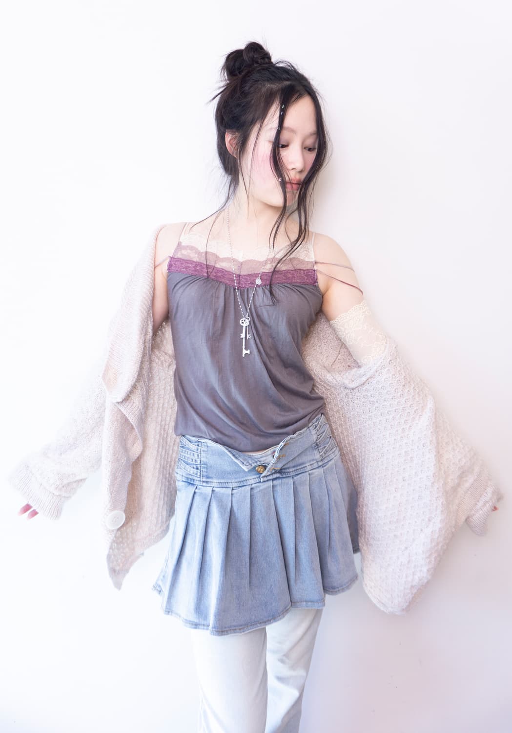 Eyelet detail 3buttons denim skirt pants 상품이미지2
