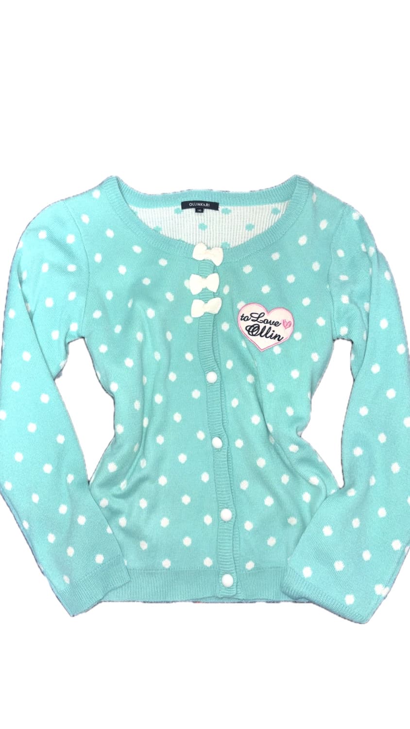 히메갸루 민트 도트 러블리 리본 니트 가디건 자수 패치워크 카와이 팝갸루 상품이미지1