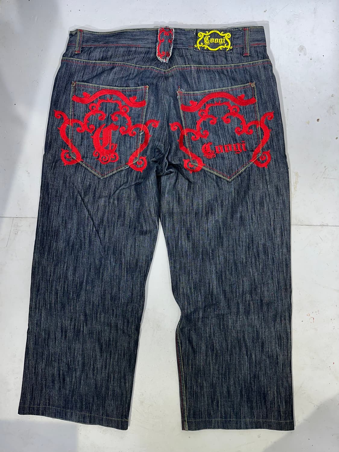 쿠지 진청 대장급 레드 자수 포인트 와이드 데님 청바지 상품이미지5