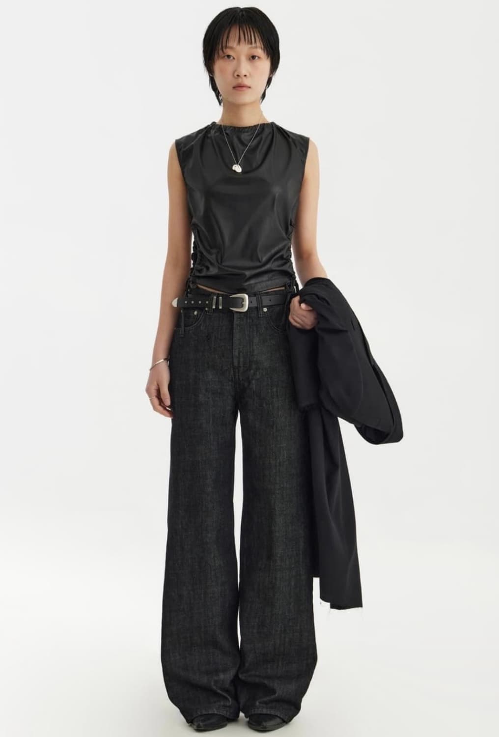 유스 와이드 데님 팬츠 블랙 S 상품이미지1