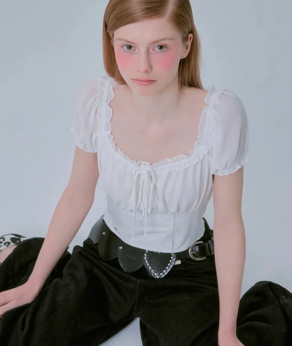 [새상품/M]페일제이드 쉬폰 레이스 퍼프 블라우스 블랙 검정 상품이미지3