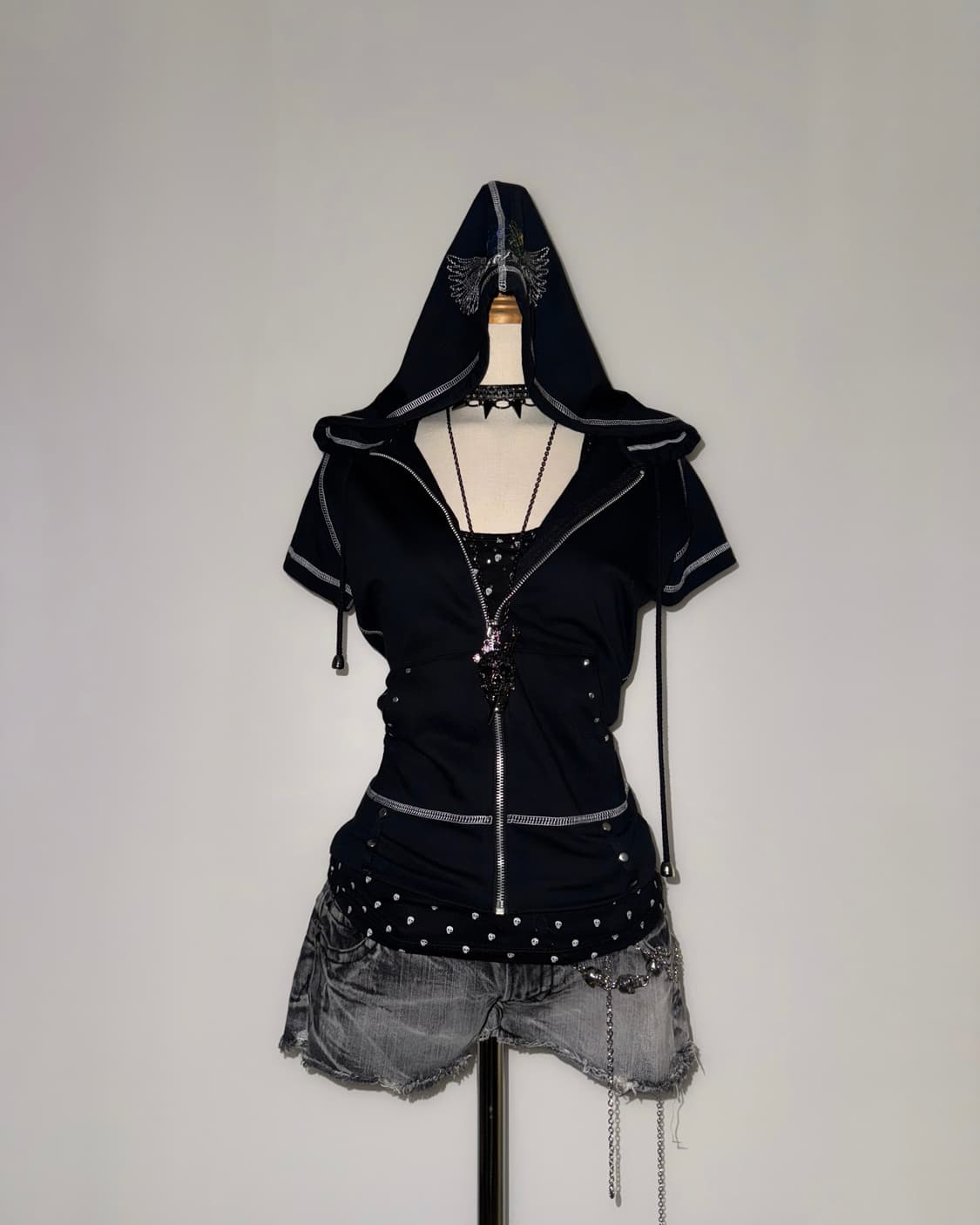 BRONZE AGE 스티치 날개 반팔 와투케 펑크 후드집업 상품이미지5