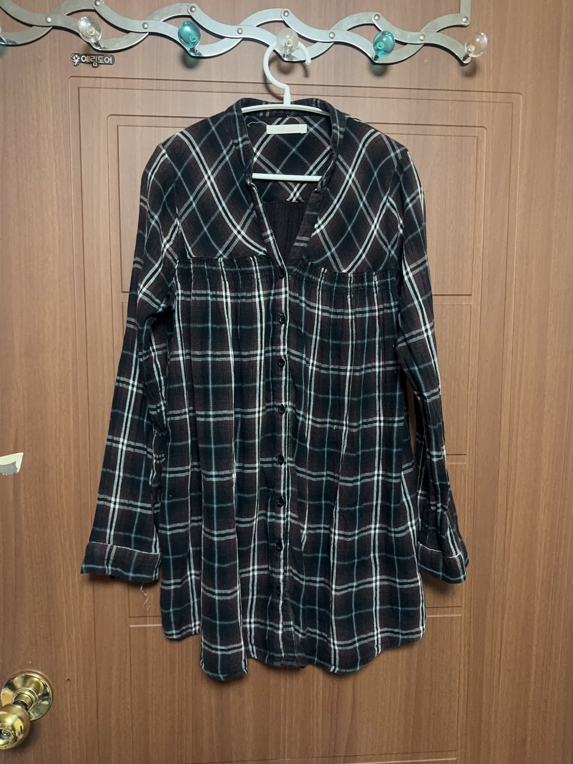 모리걸 하구미 일본 빈티지 브라운 체크 셔츠 남방 블라우스 원피스 상품이미지1