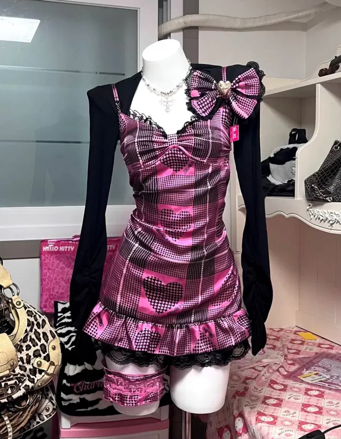 MA*RS 슈가글로즈 체크 나시 원피스 가터벨트 갸루 아게하 블랙 핑크 상품이미지3