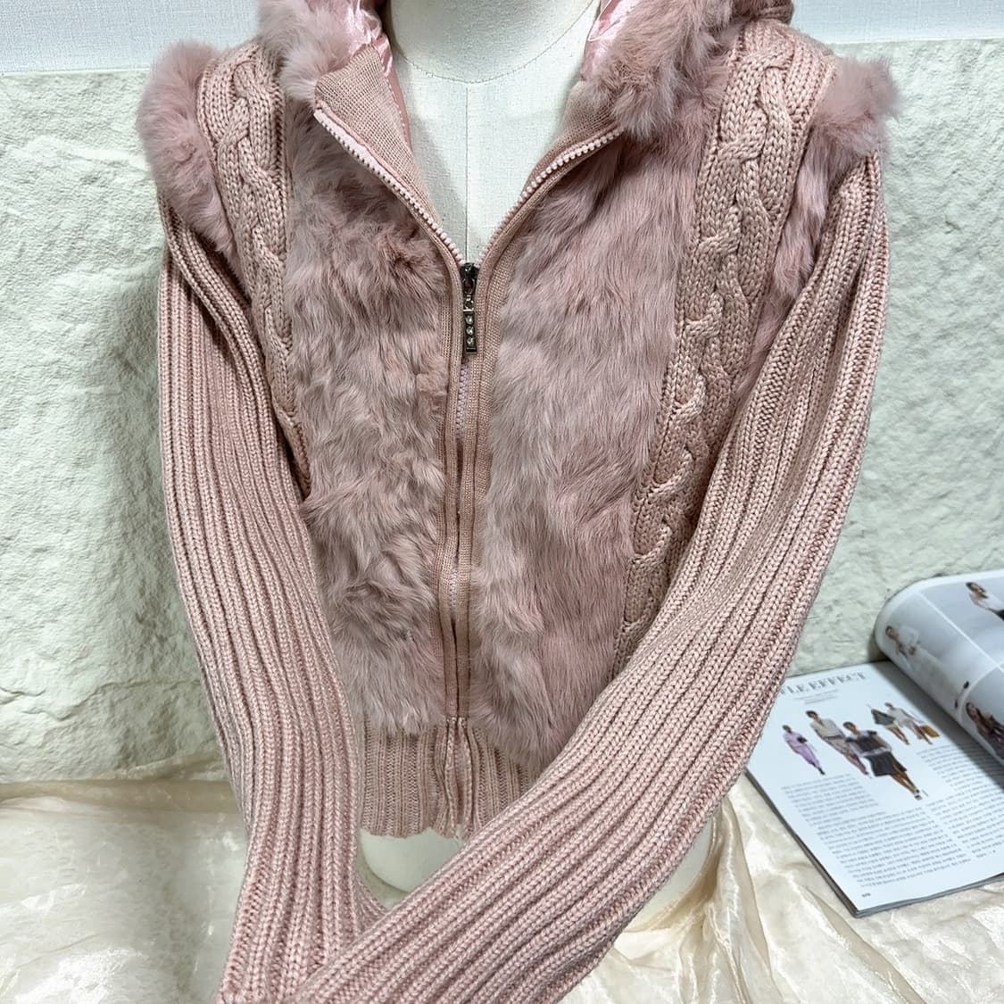 빈티지 로즈핑크 토끼털 꽈배기 니트자켓 후드집업 상품이미지3
