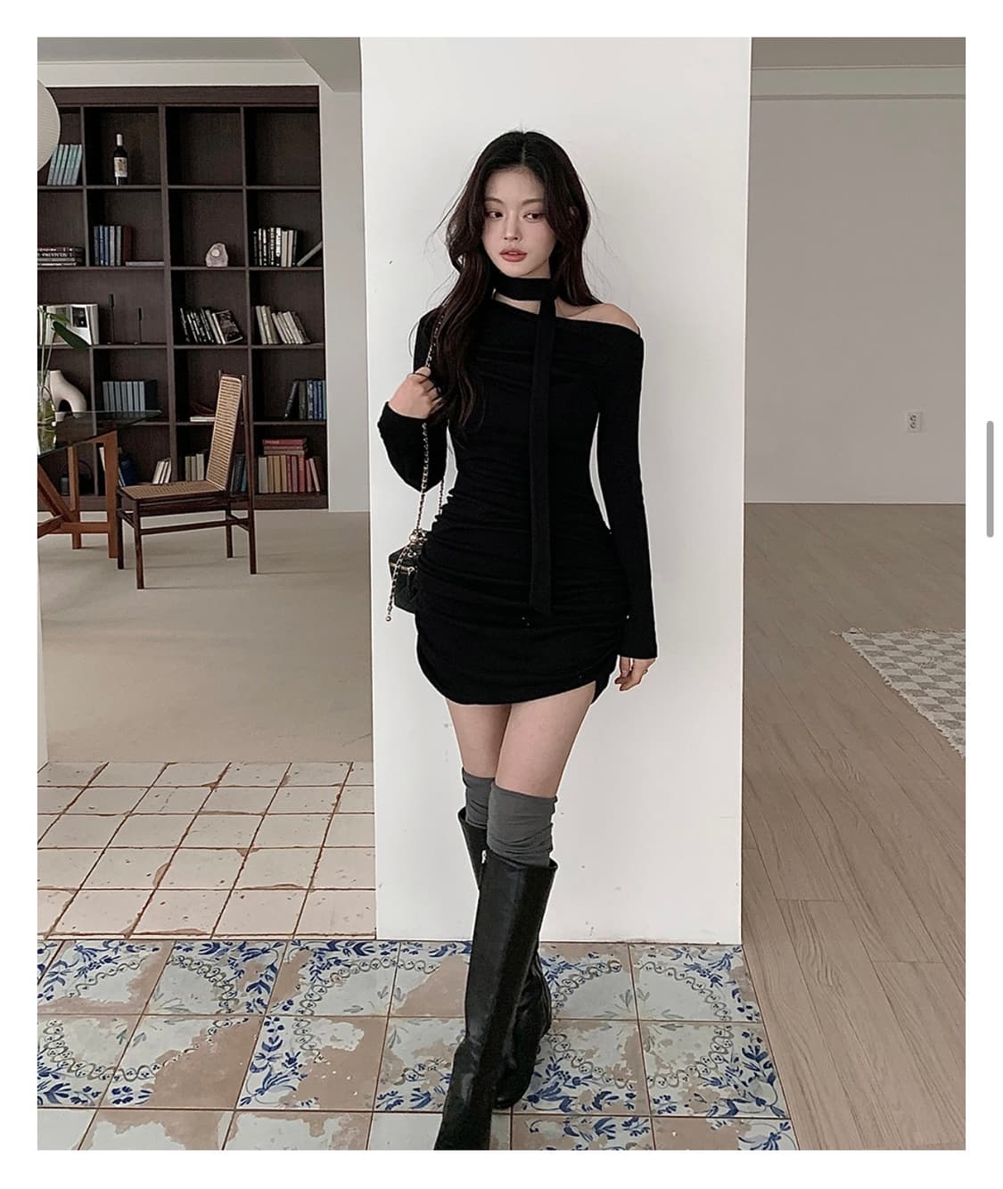 오프숄더 셔링 타이 원피스 상품이미지3