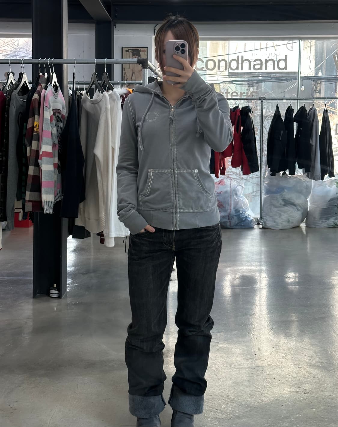 트루릴리전 스티치 워시드그레이 후드집업 상품이미지3