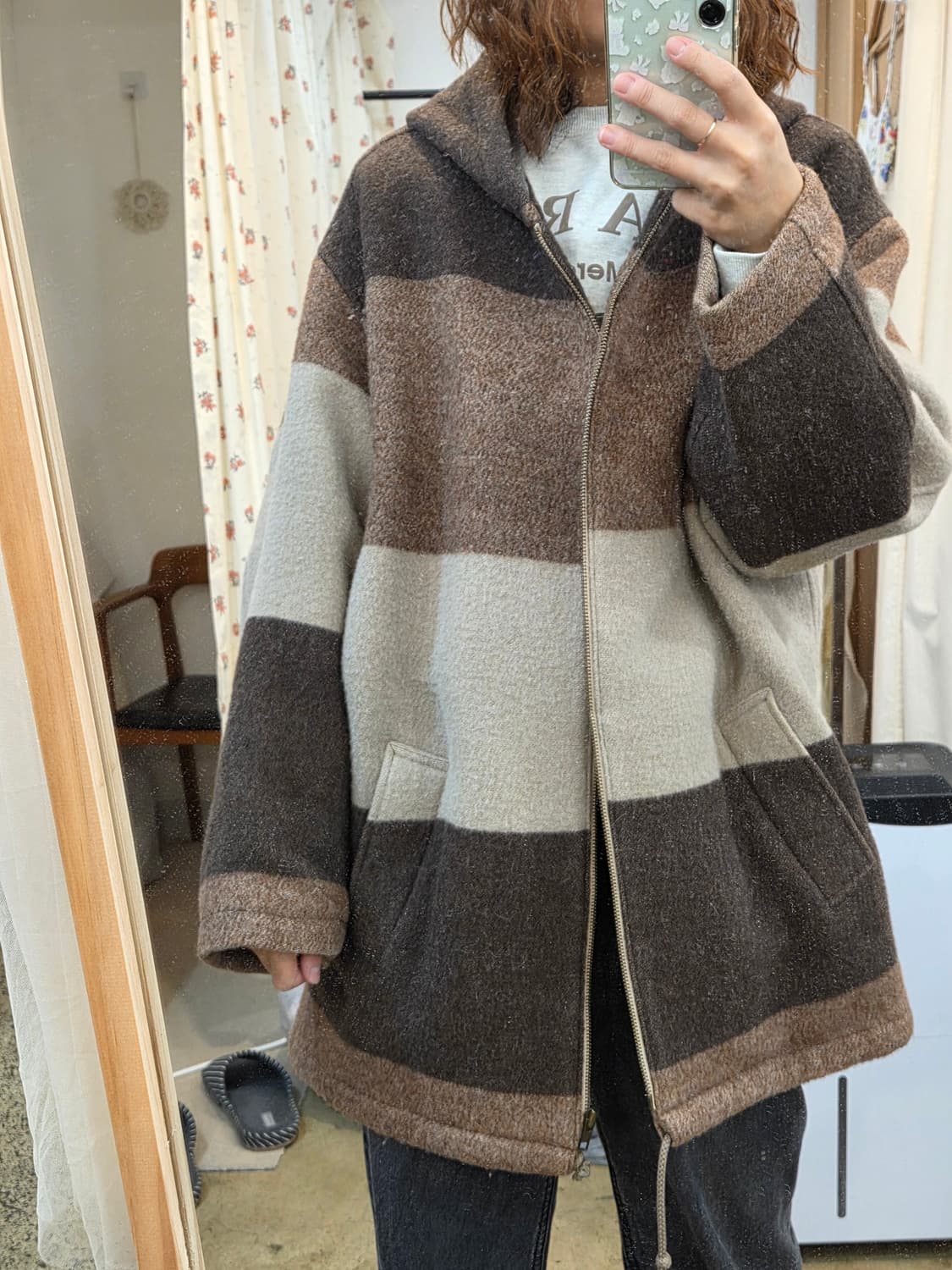 오버핏 브라운 후드 집업 코트 상품이미지6