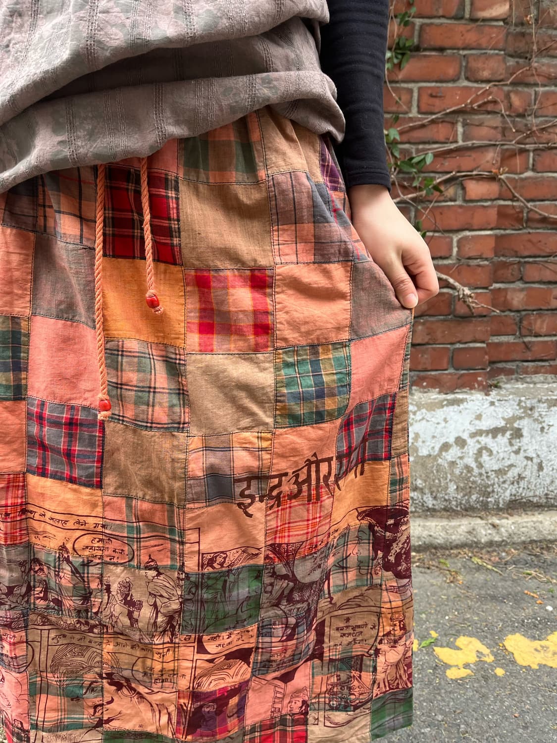 히피 문양 체크 패치 롱스커트 상품이미지5