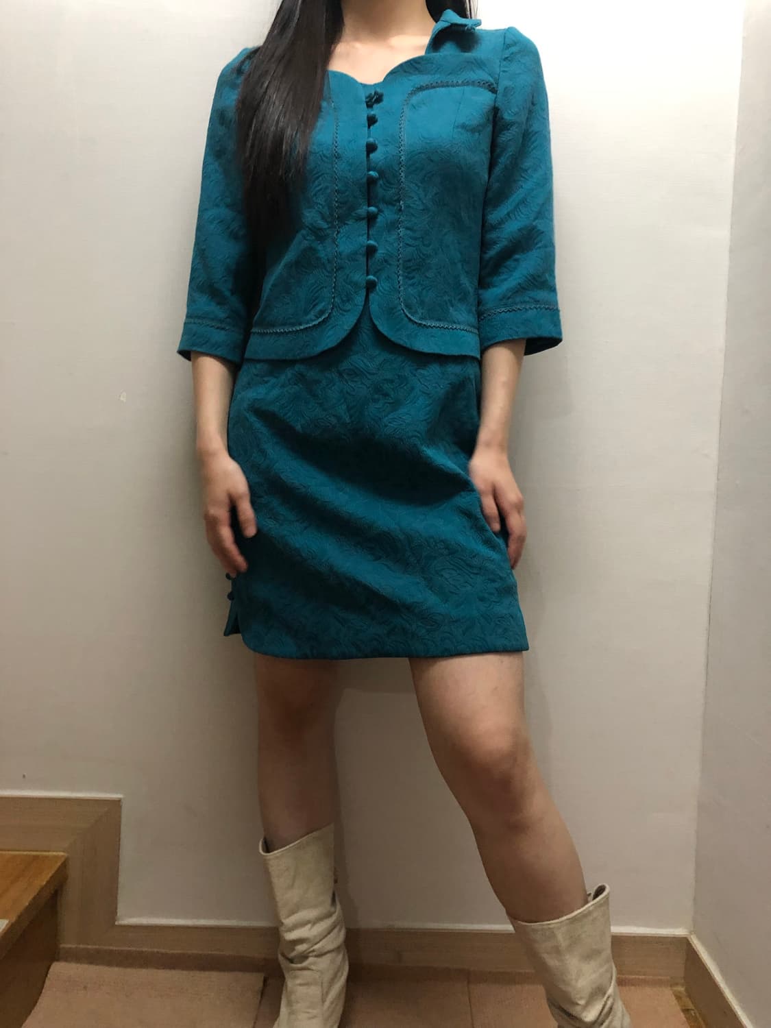 빈티지 청록 오리엔탈 자카드 원피스 상품이미지6