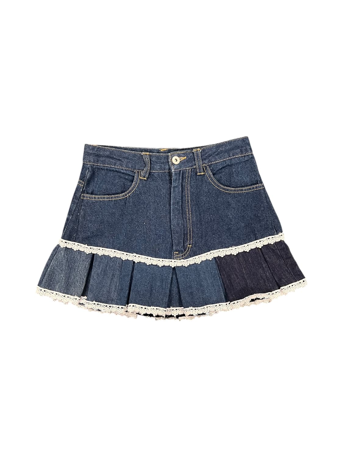 JPN 리워크 데님 레이스 플리츠 미니스커트  상품이미지1