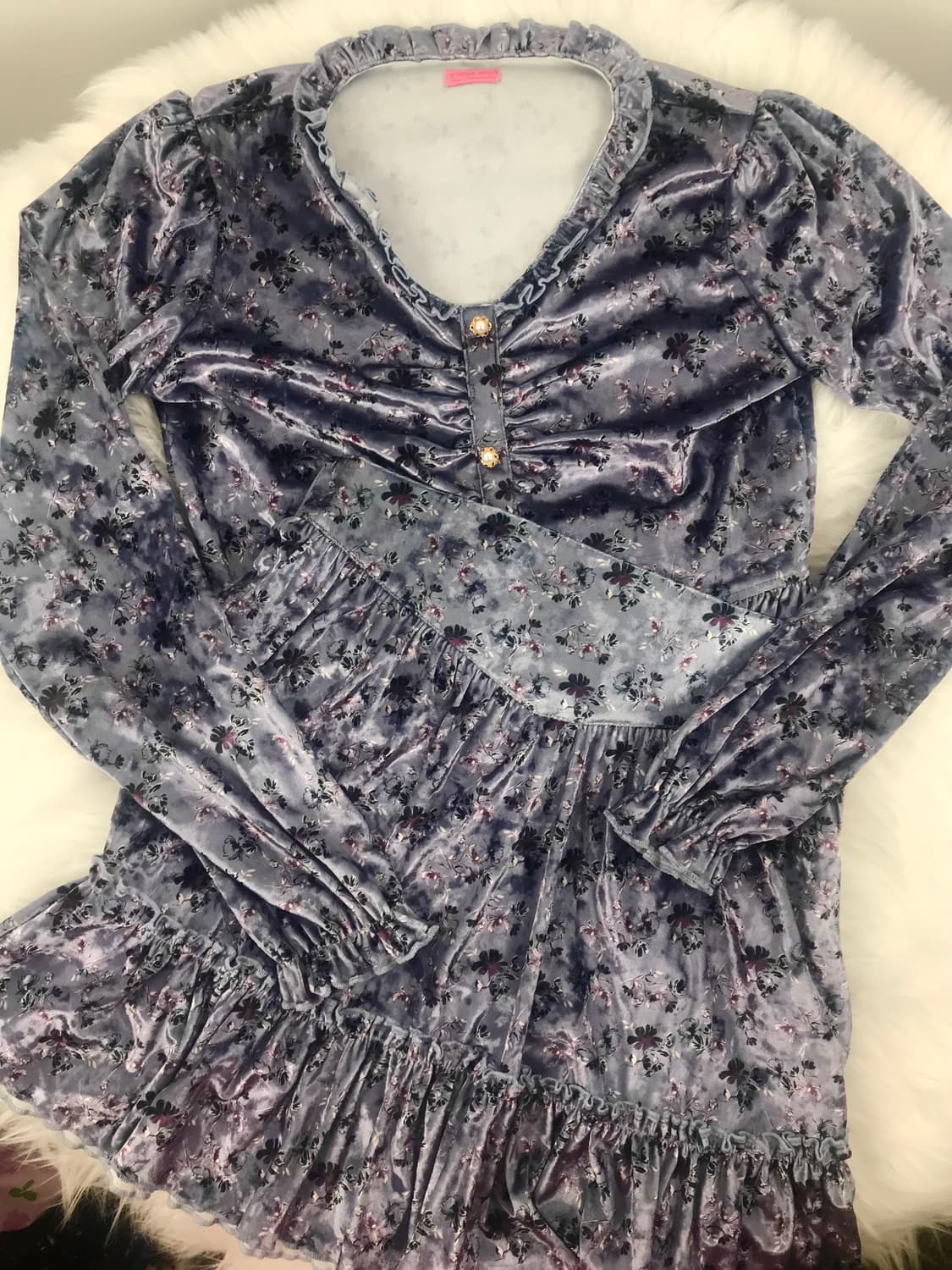 라벤더 플로럴 벨벳 셋업 크롭블라우스 보라색스커트세트 빈티지모리걸원피스 상품이미지1