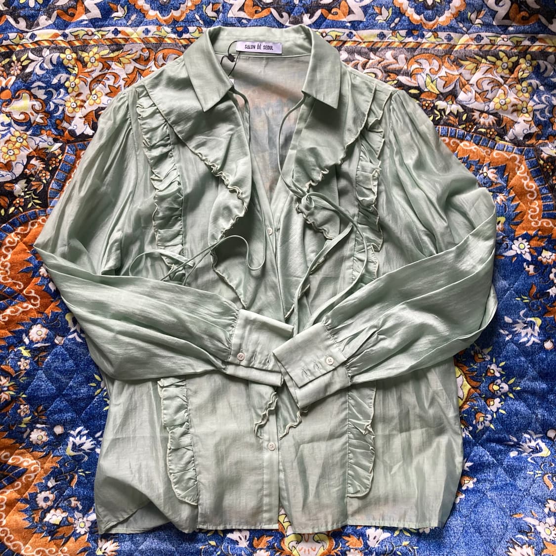 살롱드서울 러플 페미닌 타이 블라우스 민트 그린 상품이미지7