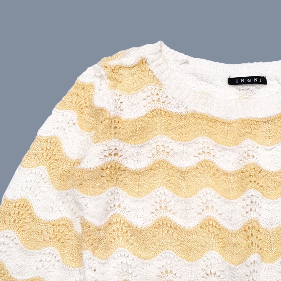 넓은 넥 물결 스트라이프 숏 니트 레몬 옐로 상품이미지4