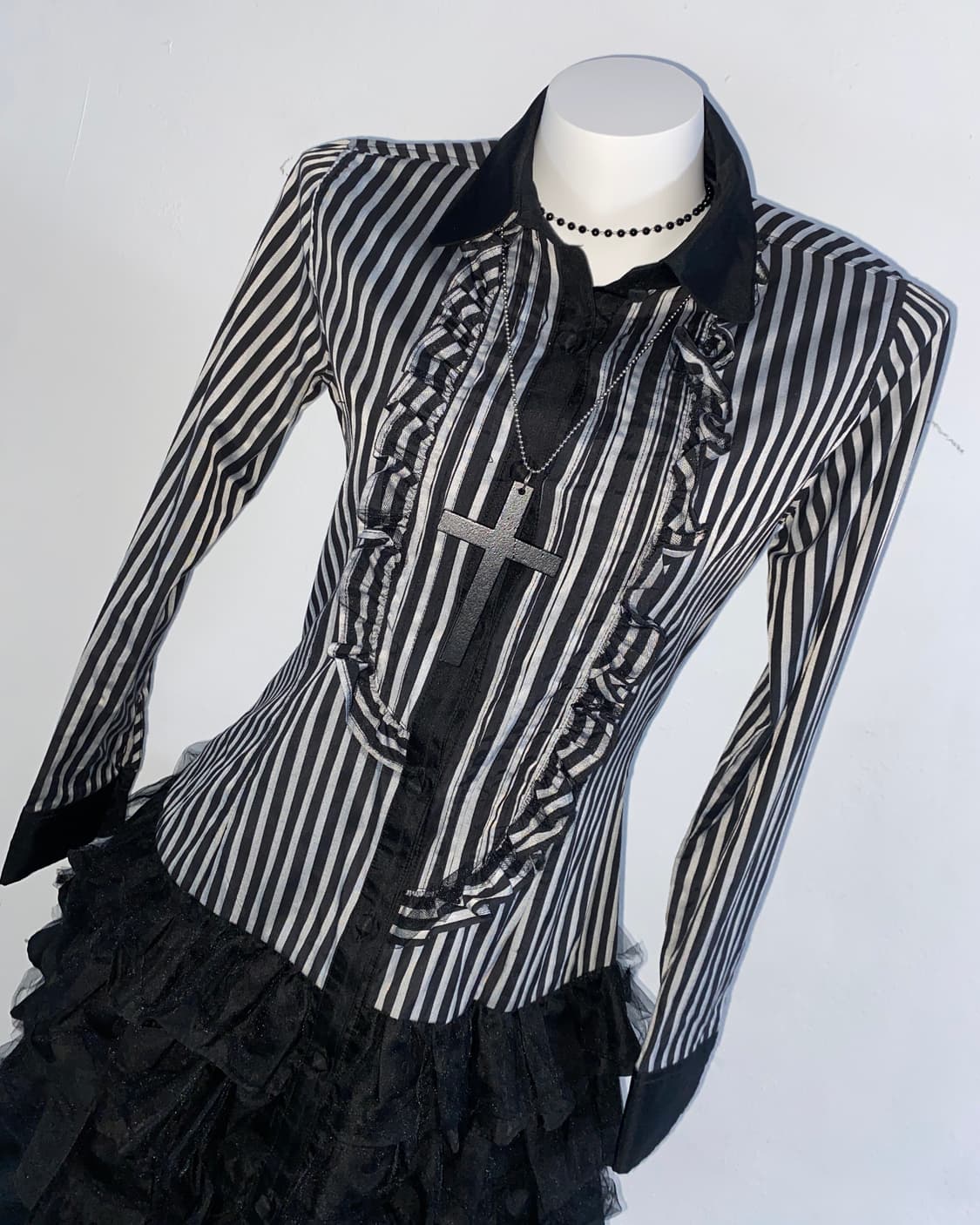 [HELL CAT PUNKS] 펑크 고스 코딕 스트라이프 새틴 셔츠 상품이미지3