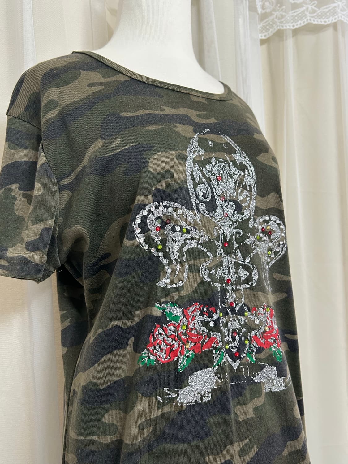 빈티지 y2k 카모 오리엔탈 큐빅 반팔 탑 상품이미지3