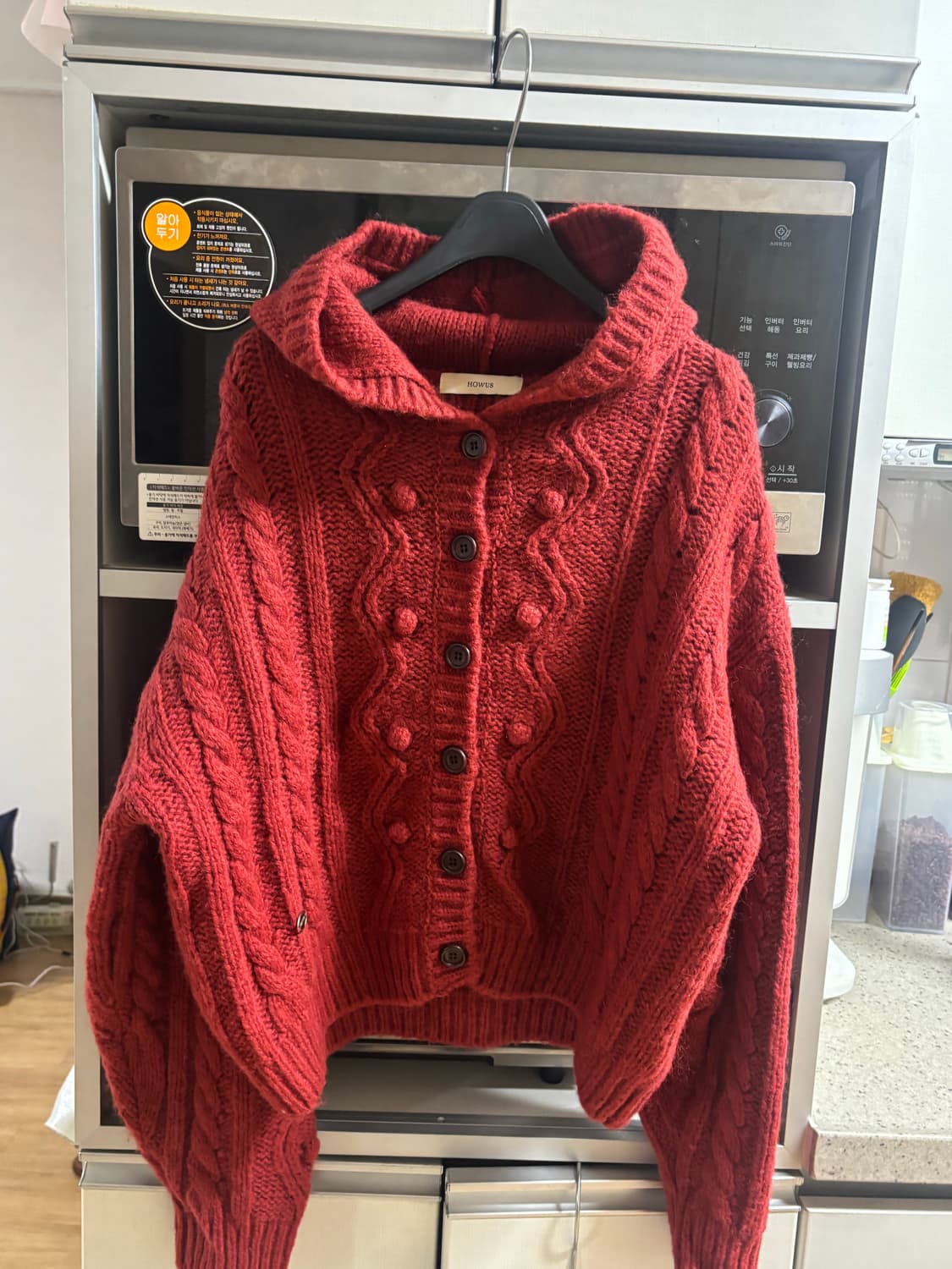 호와스 엔젤 후드 꽈배기 가디건 레드 (하루 단시간 착용) 정가 189, 상품이미지4