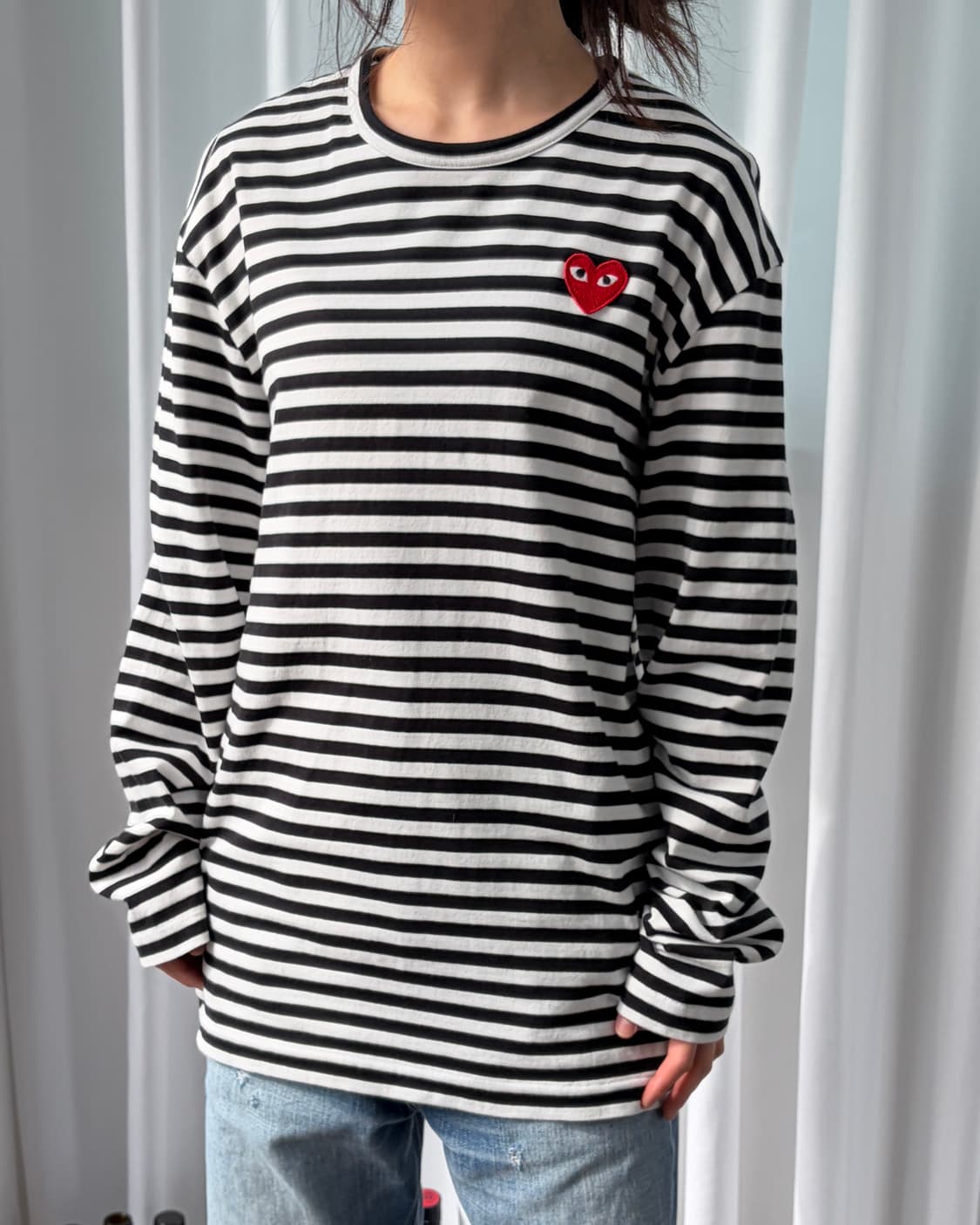 [XL]꼼데가르송 레드 하트 와펜 스트라이프 롱 슬리브 상품이미지1