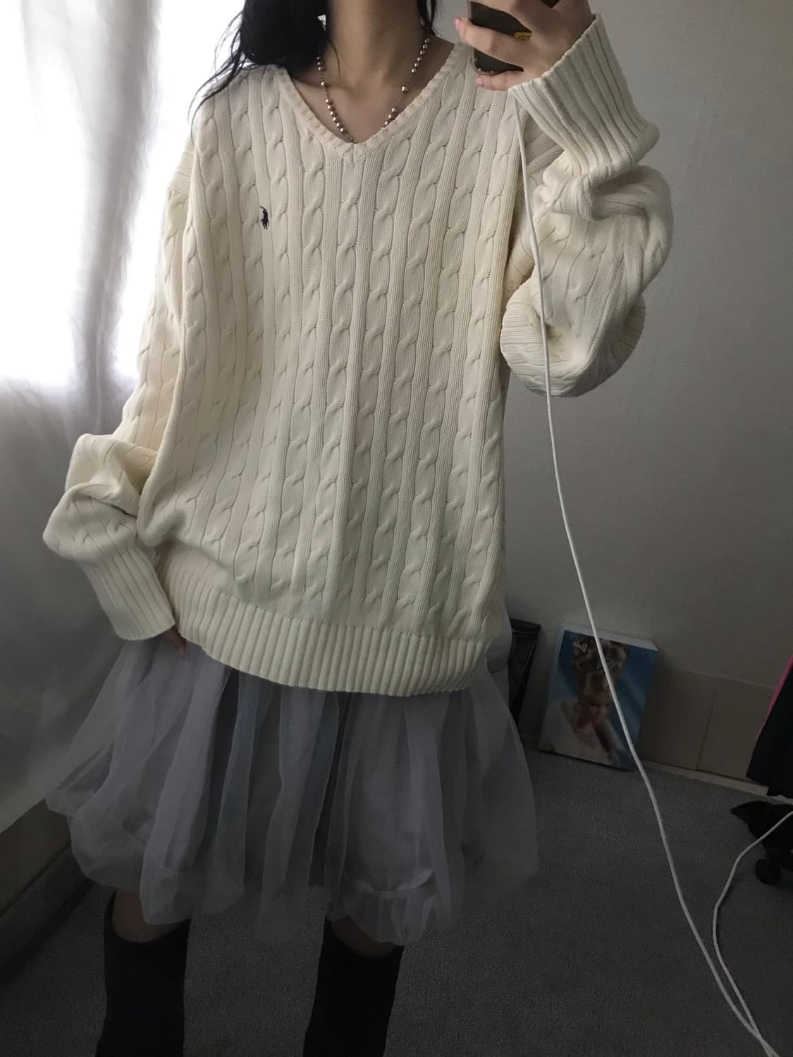 폴로 아이보리 브이넥 케이블 니트 상품이미지5