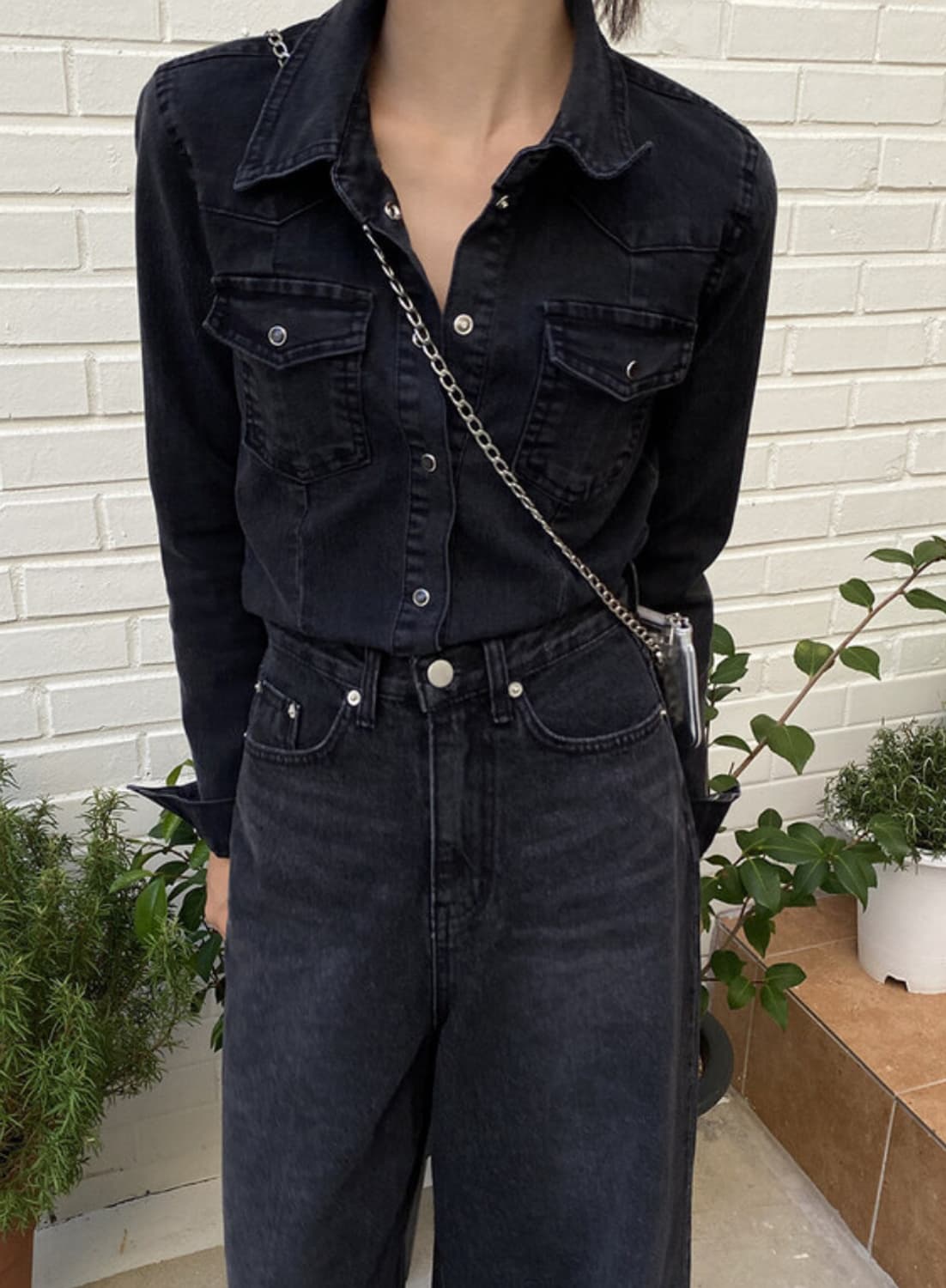 리언스 슬림 라인 데님 셔츠 흑청 m 상품이미지1