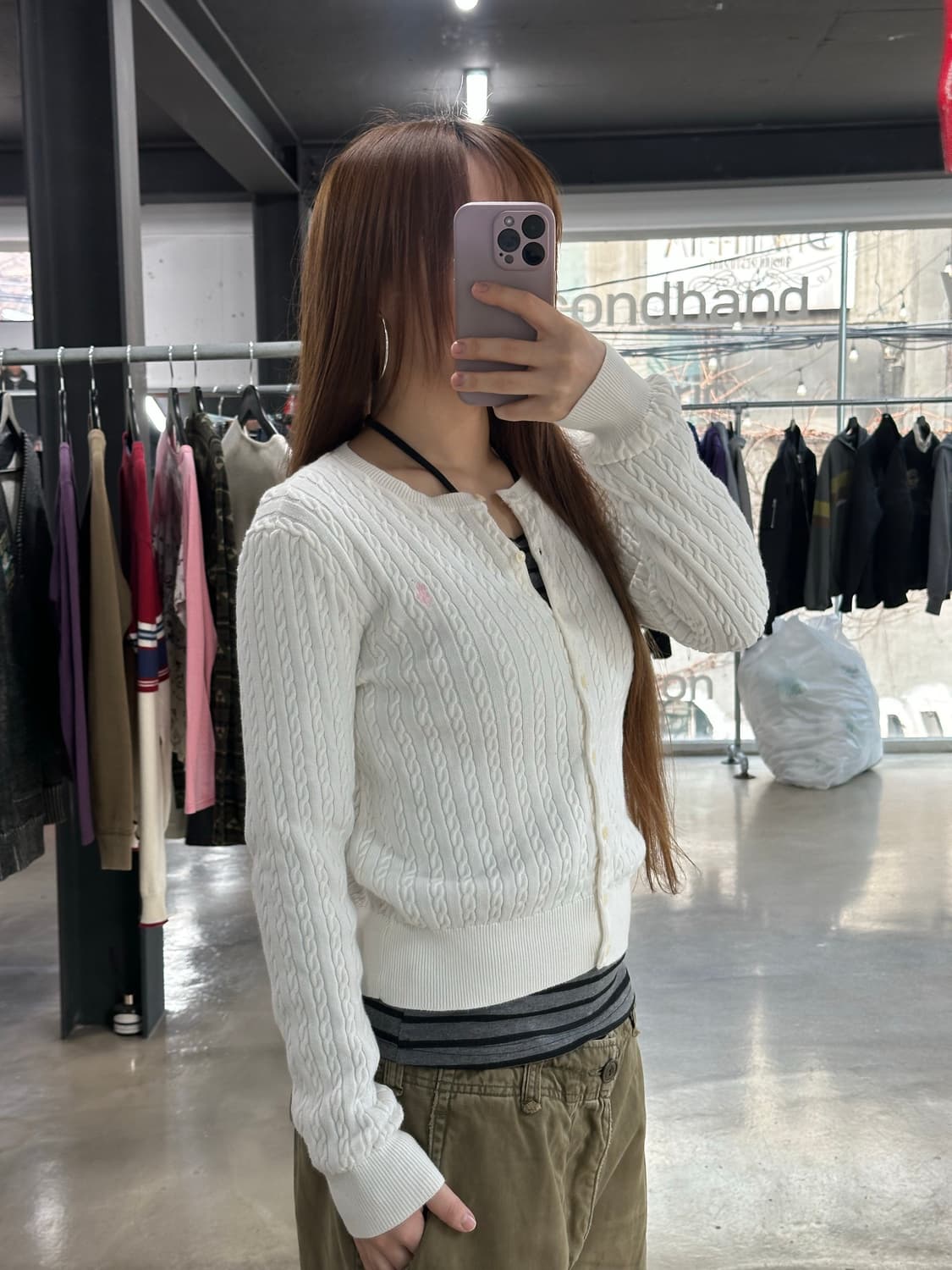 폴로랄프로렌 케이블 버튼 가디건 화이트핑크 상품이미지2