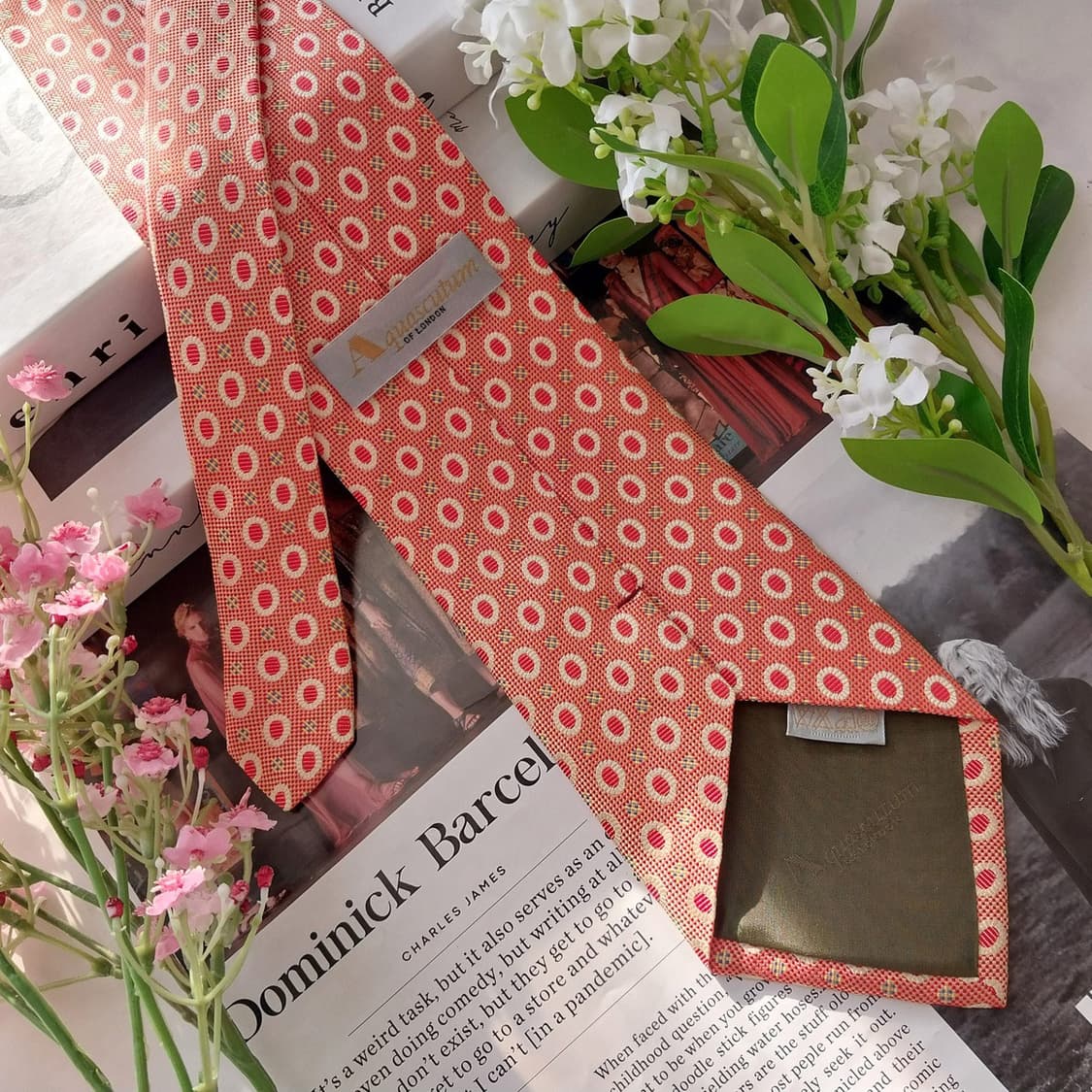 아쿠아스큐텀 실크 오렌지 패턴 넥타이 9.8cm A+등급 k1745 상품이미지3